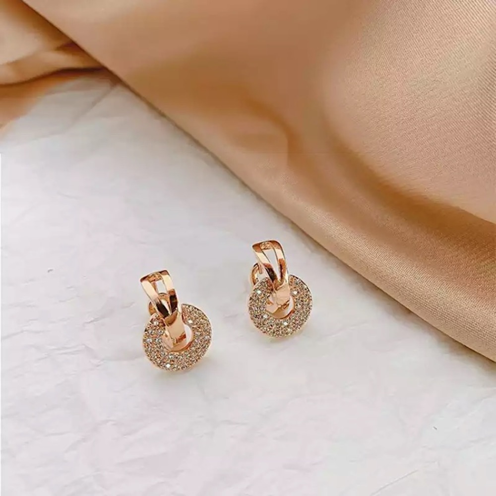 “Trinity” Diamond Hoop Elegant Gold Circle Engagement/Wedding/Gift Earrings - Picture 4 of 10